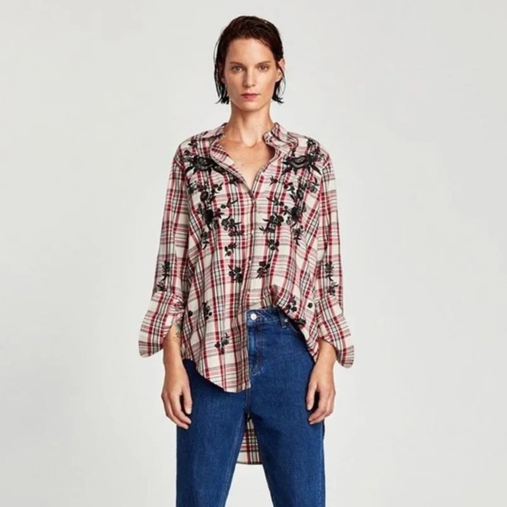 NWOT *Zara Button Down Long Sleeve Red Plaid floral Embroidered shirt Top Tunic